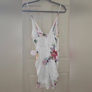 Hot Miami Styles Asymmetrical Floral Dress - White and Pink